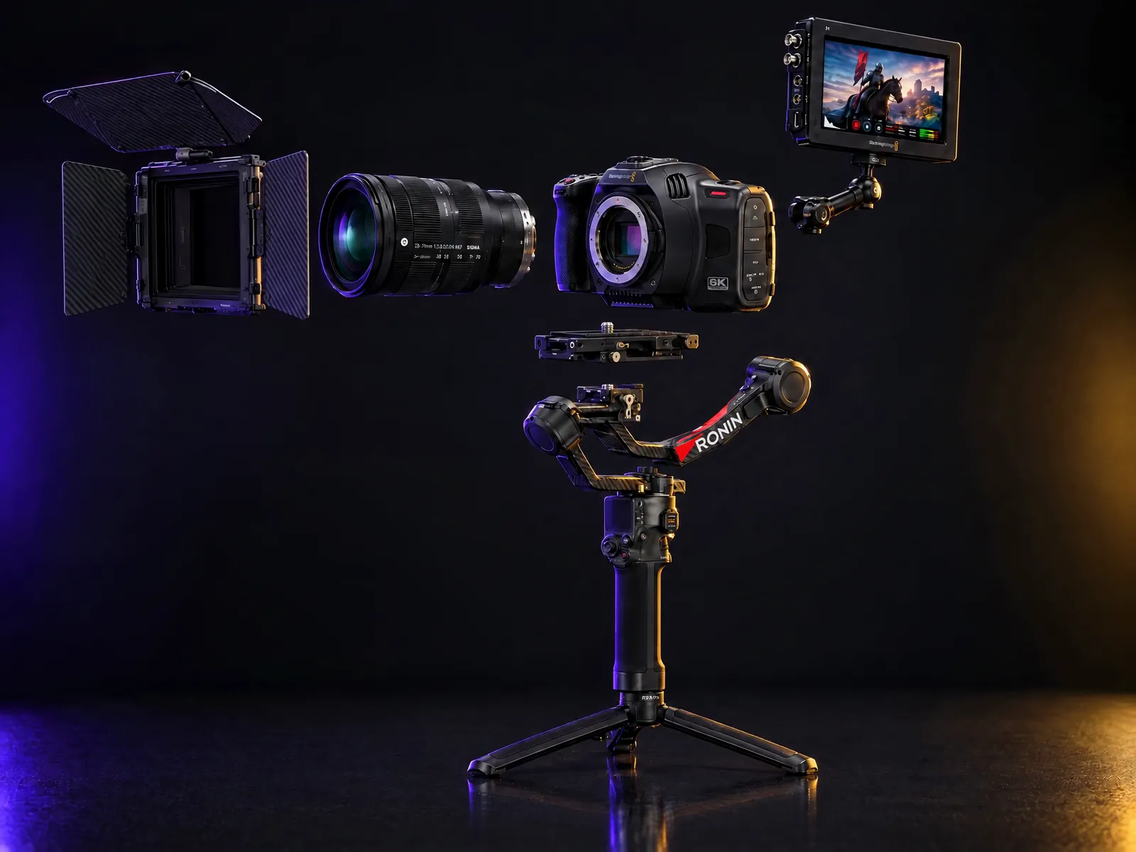 The same rig in an exploded view: matte box, lens, camera body, Video Assist monitor, mounting plate and gimbal shown separately