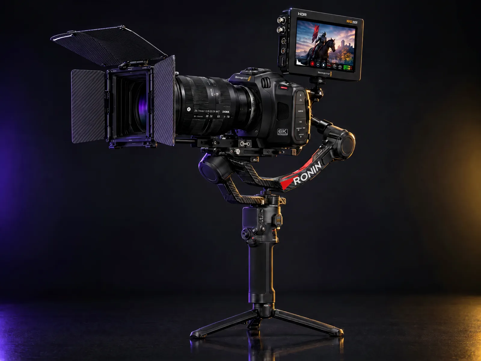 The MagiLux rig assembled: Blackmagic Cinema Camera 6K with Sigma 28-70mm lens, SmallRig Mini Matte Box Pro and Blackmagic Video Assist 12G HDR 7-inch monitor on a DJI RS 4 Pro gimbal